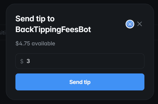 Send tip modal with an entered amount